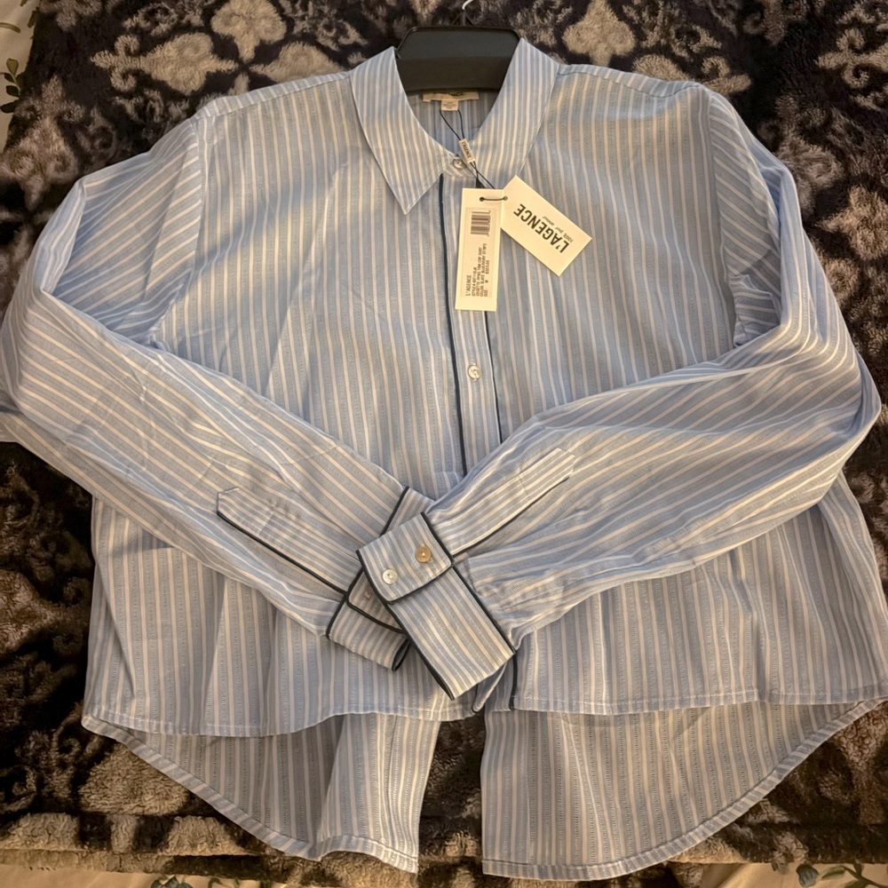 L’AGENCE Cosette Poplin Trim Crop Shirt in Slate Blue/Ivory Stripe